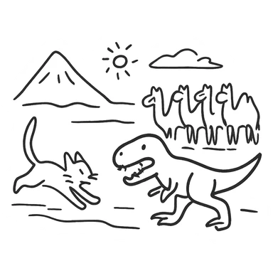 A white cat chasing a T-Rex in the desert with a herd of camels staring at them sticker