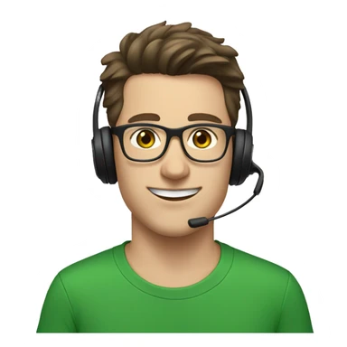 white young man with blue eyes and dark brown hair and square glasses wearing green t-shirt with headset sticker