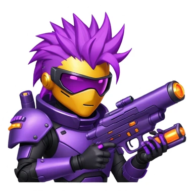 A space bounty hunter with spiky purple hair, black armored suit, and a glowing plasma gun. sticker