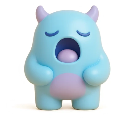 sleepy monster with half-closed eyes yawning, soft blue and lavender colors, toy-like vinyl figure style sticker