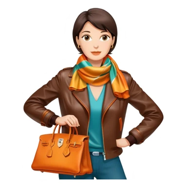 Mature woman wearing a dark brown leather Hermes jacket and a multicolored silk scarf around her neck. She has a large orange Hermes Birkin Bag. I want the image to be close up, starting from the waist up.  sticker
