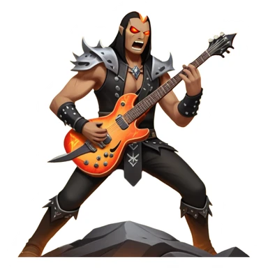 An icon showing a rock musician wielding a guitar in an epic battle, inspired by Brutal Legend. The design features fiery backgrounds, musical notes floating in the air, and electrifying stage lights, capturing the power of music and combat. Transparent background highlights the energy. sticker