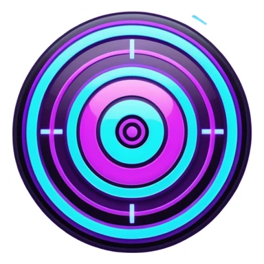 Futuristic glowing bullseye target emoji, neon purple and cyan holographic glow, dark background, digital tech style, abstract sparkles, no face. sticker