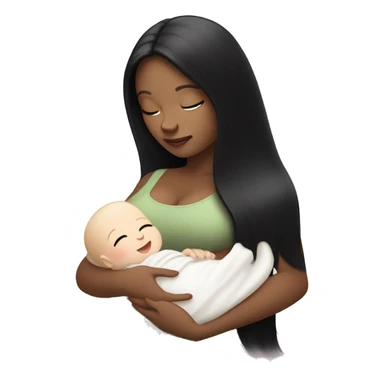 Pale girl with long black hair is holding a newborn baby with bottle milk  sticker