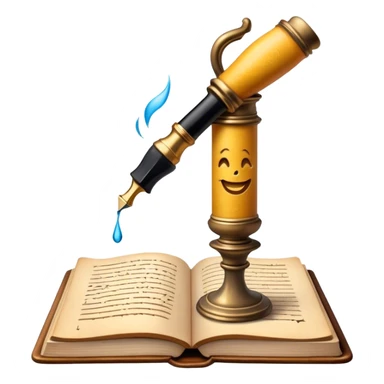 Create a vibrant emoji representing prose writing with an old-style, antique look. The design should include semi-turned pages of an old book with unfinished prose written on them. Add a vintage ink inkwell and a classic fountain pen or quill with black ink. The overall style should evoke a sense of timeless storytelling and literary craftsmanship. Make the background transparent. sticker