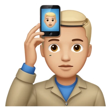 a guy holding a phone horizontally on his forehead like it was a card sticker