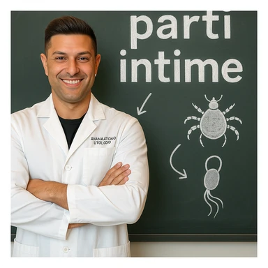 Regenerate the scene with the blackboard behind the doctor. The text 'parti intime' should be very large, centered, and clearly readable, with arrows or stylized drawings pointing to the parasites. Ensure the text is fully visible and not cut off. Keep the doctor's face similar to the person in the photo, maintaining a realistic, educational, and respectful style. sticker
