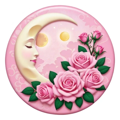 A round pink button with a light cream full damask moon and pink roses in the center sticker
