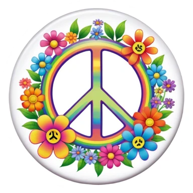 A round psychedelic colored button with the word Peace in the center surrounded by rainbow colored hippie style flowers sticker