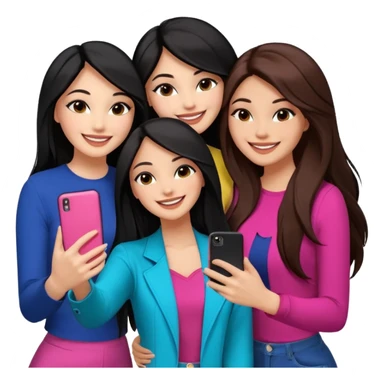 3 girl friends, one with black long hair light skin. one with brown hair long and the last girl one with black with brown medium length hair. Glammed up and hugging  and one talking a selfie and all of them smiling and looking girly all same skin tone  sticker