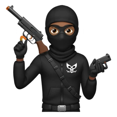 A young African male wearing a ski mask in full black clothing, holding a micro Draco gun in the air carelessly sticker