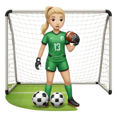 Make a dirty blonde football goalkeeper with goalkeeper gloves on holding a football. The girl is light skinned and wearing a football kit and football shoes. Standing in front of football goal. Wearing a ponytail with the dirty blonde hair sticker