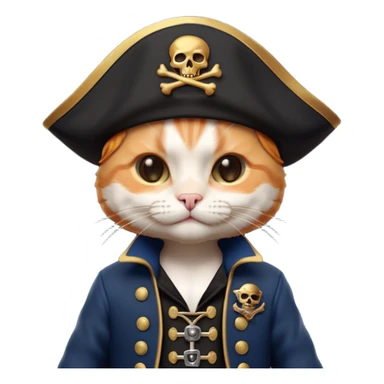 Premium 3D emoji icon of a cute ginger cat pirate, wearing a **deep navy blue** velvet pirate hat with a silver skull icon, and a black and gold captain's jacket. Glossy finish, claymorphism style, soft studio lighting, isolated on white background, 8k resolution, stylized professional look --v 6.0 sticker