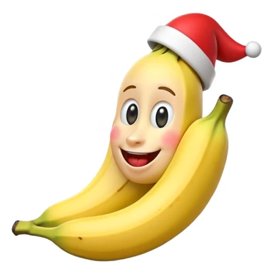 A 3D cartoon banana with a red nose and tiny hat, smiling face, playful pose, Memoji-style. sticker
