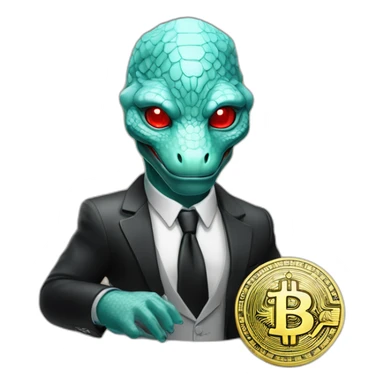 Aquamarine reptilian in classic black suite with red laser eyes on the middle of platinum coin sticker