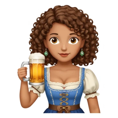 A woman with brown, shoulder-length curly hair and brown eyes she is wearing a dirndl and holding a beer stein sticker