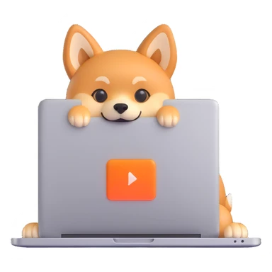 expressive Shiba Inu dog mascot Horus with tan orange fur and pointy ears, peeking from behind a silver MacBook with glowing screen, modern iOS Genmoji style, 3D, rounded, soft shadows, glossy, tight centered framing, white or transparent background, adorable and emoji-like sticker
