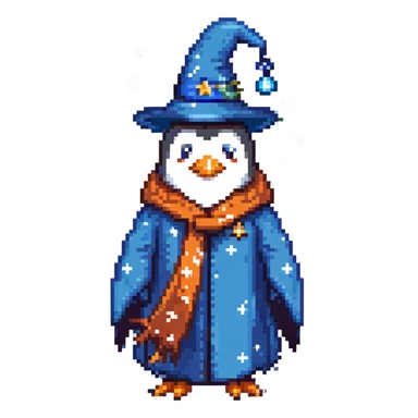penguin wizard wearing a blue robe and starry hat sticker