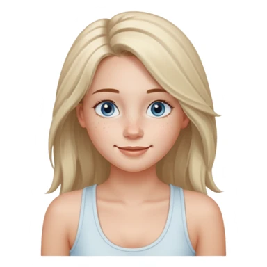 Una chica de tez blanca con pecas, nariz respingada, labios gruesos, ojos grandes color azul grisáceo, pelo largo, lacio, color avellana. Con una blusa de tirantes blanca. Que este sonriendo y q solo se vea de la cintura hacía arriba sticker