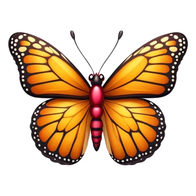 Cinematic Realistic Cute monarch Butterfly Portrait Emoji, Head tilted playfully and inquisitively, featuring vibrantly patterned ruby wings with intricate detailing and a charming, petite body with round, sparkling eyes full of warm curiosity, rendered with lifelike precision and natural highlights, high shine, affectionate and spirited, styled with a touch of whimsical garden delight, soft glowing outline, capturing the essence of a mischievous yet lovable monarch butterfly that seems poised to flutter playfully into your arms! sticker