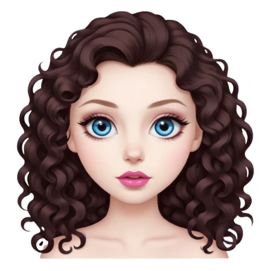 beautiful girl with big blue eyes, long lashes, pale skin, nice pink lips, and long & voluminous dark brown curls. she has baddie energy. we see her whole head down to her chest sticker