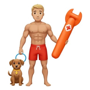 Muscular lifeguard man on beach with rescue tube sticker