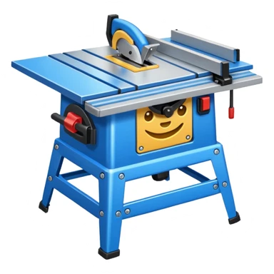 A table saw emoji with a metallic table and a blue blade sticker