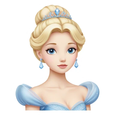 Cinematic Realistic Cinderella Portrait, depicted with lifelike porcelain skin, elegantly styled blonde hair, and a serene, graceful expression. Dressed in her classic ball gown with intricately detailed fabric textures and delicate pastel hues that catch soft, natural lighting, this portrait captures the timeless beauty of a fairy tale princess. sticker