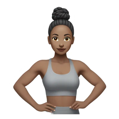 Pale skinned fit woman In a gray tight yoga suit and wristbands With black hair in a bun doing yoga sticker