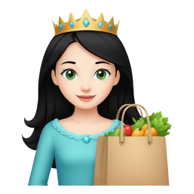 zadowlona czarnowłosa ksiezniczka z dlugimi wlosami i ma niebiesko zielone oczka jest zadowolona z zakupami sticker