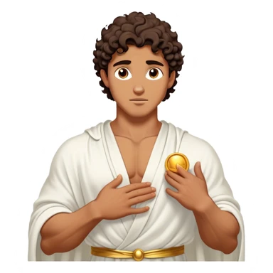 Cinematic Realistic Hercules Portrait, depicted as a classical Greek hero inspired by the Disney version yet echoing the refined proportions and serene dignity of Michelangelo's David. His idealized, sun-kissed tan skin glows with timeless strength, and his thick, curly wavy dark brownhair falls in natural, sculpted curls. Draped in a flowing white robe with delicate golden accents, his expressive eyes radiate determined nobility, all rendered under dynamic natural lighting with a mythic, radiant glow. sticker