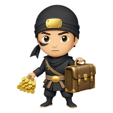 Sneaky ninja character with a treasure briefcase of gold coins and bills sticker