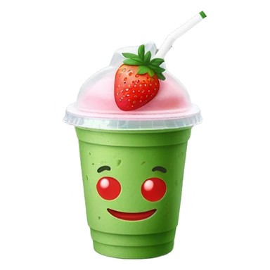 Strawberry iced matcha in takeaway plastic cup with flat lid and straw sticker