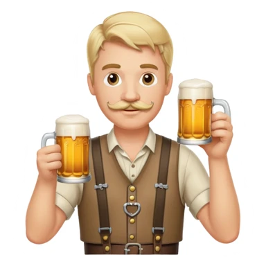 Oktoberfest man in lederhosen holding a beer with blond hair and a mustache sticker