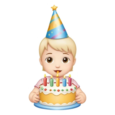 cute baby wearing birthday hat with birthday cake sticker