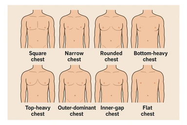Make image of types of male chest shapes, few examples: Square chest, Narrow chest, Rounded chest, Bottom-heavy chest, Top-heavy chest, Outer-dominant chest, Inner-gap chest, Flat chest. sticker