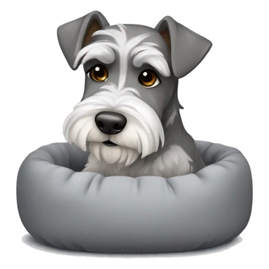 Grey and white mini schnauzer with dark brown eyes full body asleep in fluffy grey dog bed      sticker