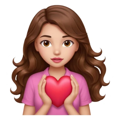 girl with long wavy brown hair, brown eyes, light to medium complexion, in a pink shirt, pink lips, long lashes, squeezing a big heart sticker