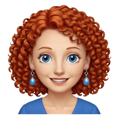 una profesora mayor simpática con el pelo rojo rizado, ojos azules, vestido azul y pendientes azules hablando sticker