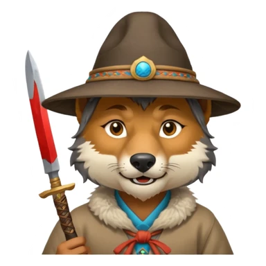 wolf face, mogolian ancient with small knife and hat sticker