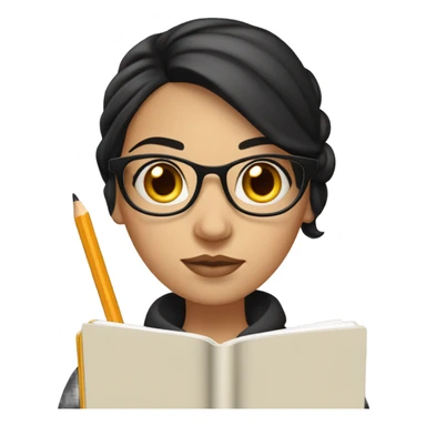 An caucasian woman with Black hair with a bun in the top of her head, she has glasses, she is writing a note on her notebook, we can see her pencil while writing sticker