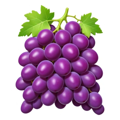 3D iPhone style emoji of a bunch of grapes, plump and shiny, purple color, attached to a small green stem, isolated on white background, soft shadows, high detail, playful and cute. sticker