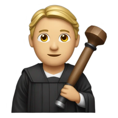 male judge holding a small woodden hammer sticker