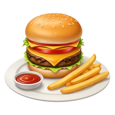 i want a Cheeseburger and Fries with a angle to 15–20° gentle bird’s-eye angle with Sause on white plate  sticker