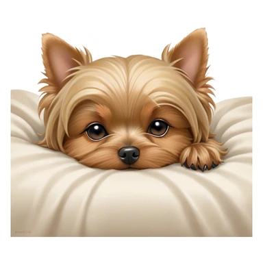 Meme-Worthy Cute Sleeping Yorkshire Terrier Portrait Emoji, Head resting gently with a peaceful, contented expression and softly closed, dreamy eyes, featuring a well-groomed, silky fur in rich hues, simplified yet irresistibly endearing, highly detailed, glowing with a gentle, drowsy radiance, high shine, exuding relaxed, heart-melting charm, styled with a soft glowing outline, capturing the essence of a sleeping Yorkshire Terrier that looks as if it could drift off into a sweet, meme-worthy slumber! sticker