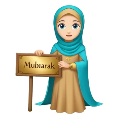 Turkish beautiful finish Konya girl blue eyes with gold hijab and islamic long tailed turquoise dress on the ground at her home garden and had on her hand text Eid Mubarak  sticker