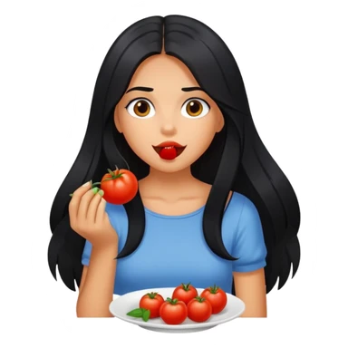 Pretty tanned girl with long black hair, eating tomatoes sticker