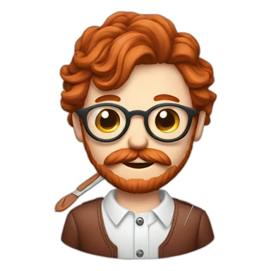 Red smooth haired man with beard and glasses hand sewing a saddle with needle and thread sticker