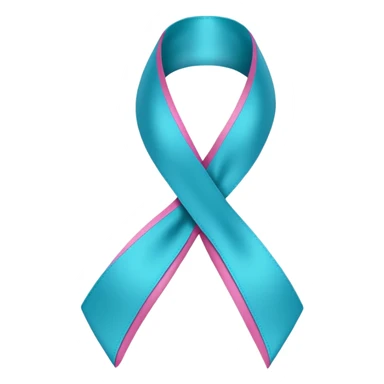 Thyroid cancer ribbon which has a blue strand, a pink strand and teal at the top where the ribbon crossed over sticker