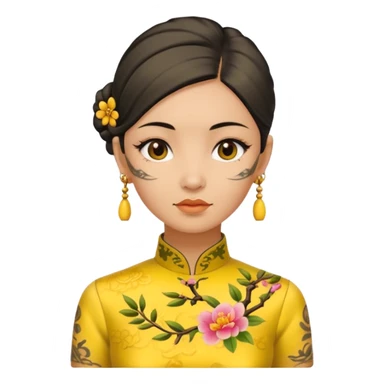 ancient woman with tatooed on neck and face and yellow cheongsam sticker
